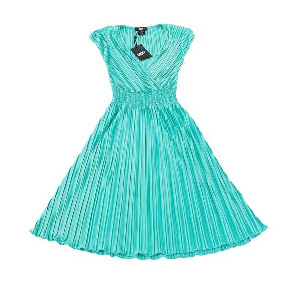 DKNY Pleated Midi Dress V-Neck SZ2 NWT - Picture 1 of 8